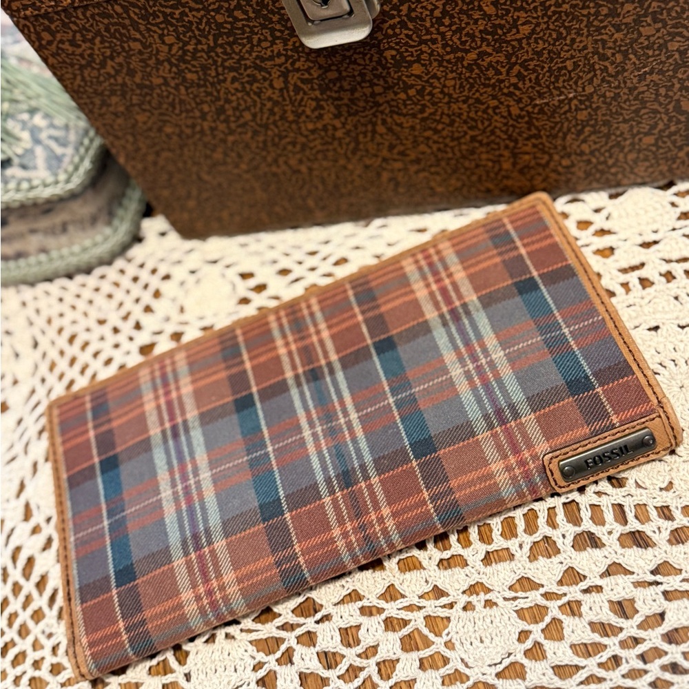 Vintage Fossil Plaid Passport & ID Card Holder Wallet - Brown and Blue